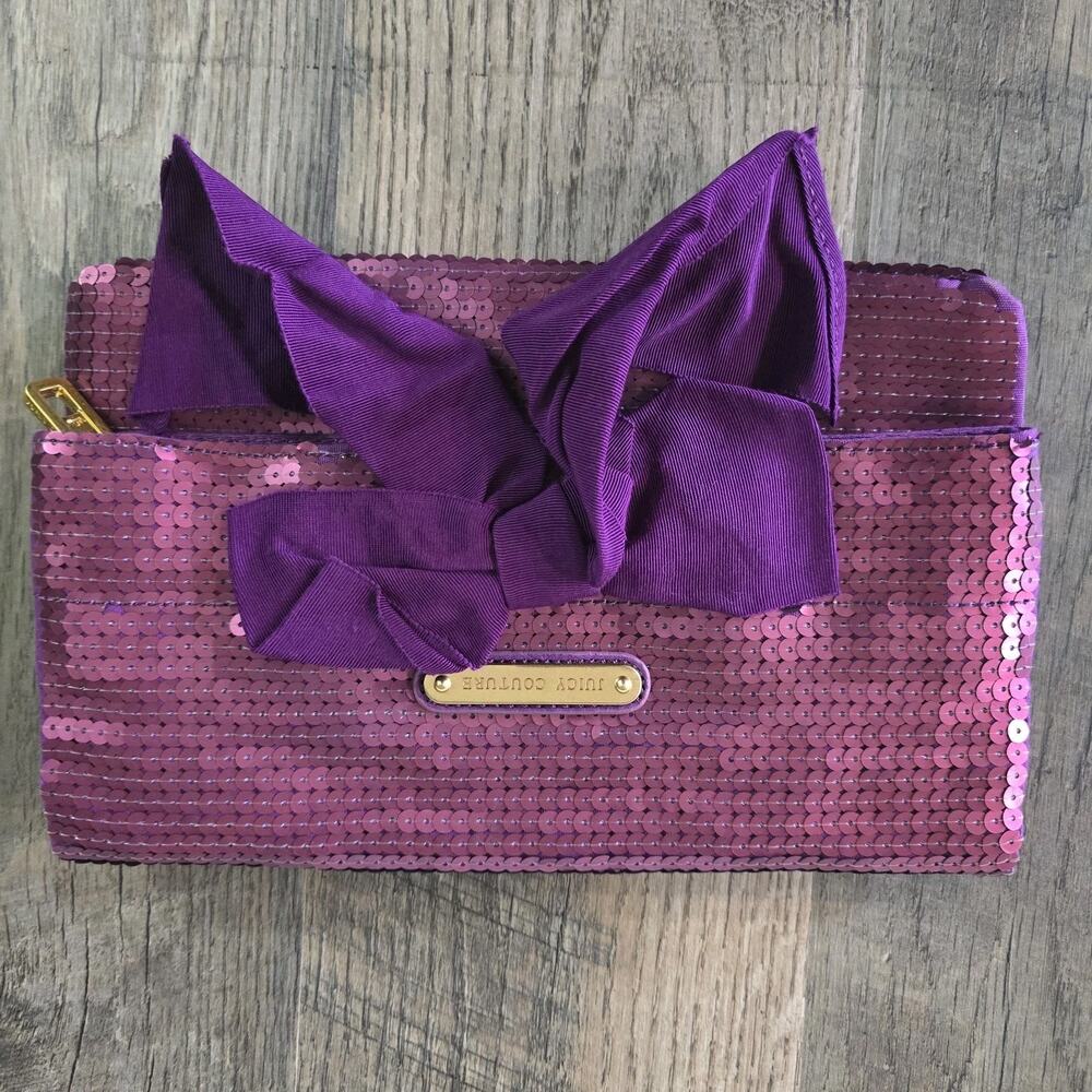 Juicy Couture Sequin Clutch Wristlet Purple Pink Bow Evening Bag Purse